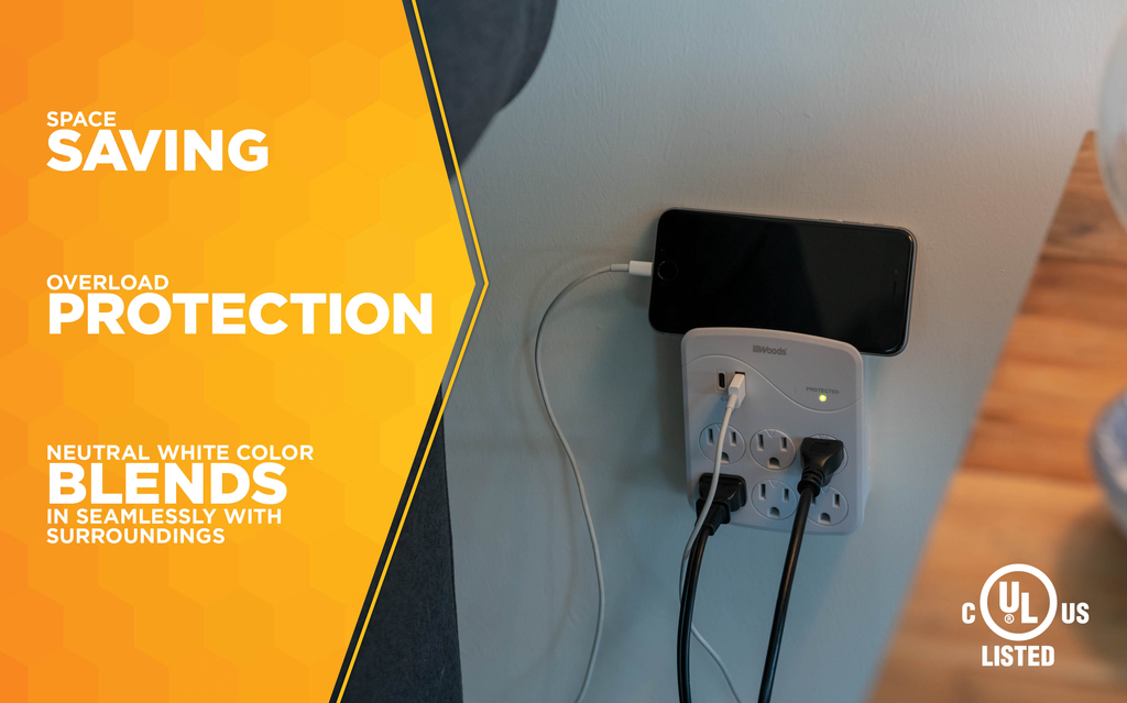 Woods SURGE, USB 6-OUT 2.4A USB-A&C PORTS 1000J 6/BX