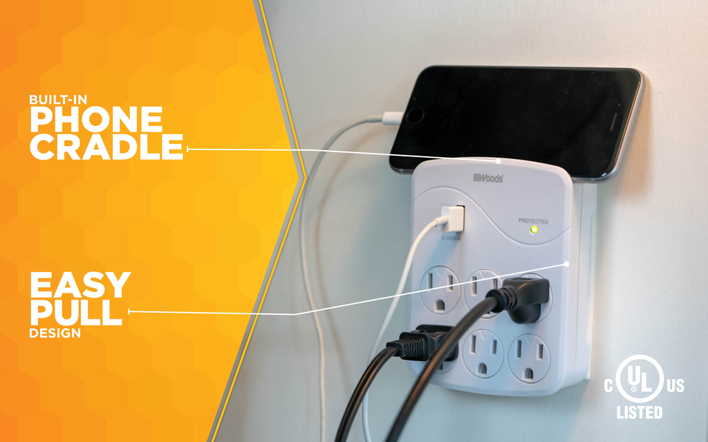 Woods SURGE, USB 6-OUT 2.4A USB-A&C PORTS 1000J 6/BX