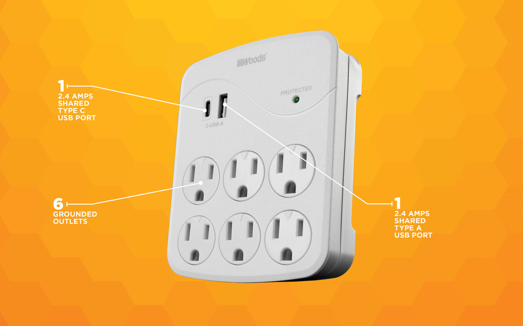 Woods SURGE, USB 6-OUT 2.4A USB-A&C PORTS 1000J 6/BX
