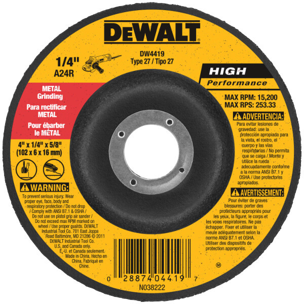 DEWALT 4" x 1/4" x 5/8" High Performance Metal Grinding Wheel  (P/N DW4419)