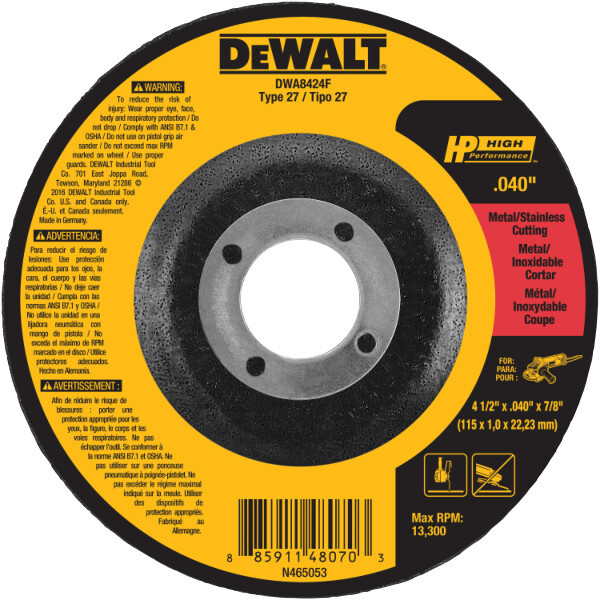 DEWALT 4" x .045" x 5/8" Type 27 Metal and Stainless Cutting Wheel HP  (P/N DWA8424F)