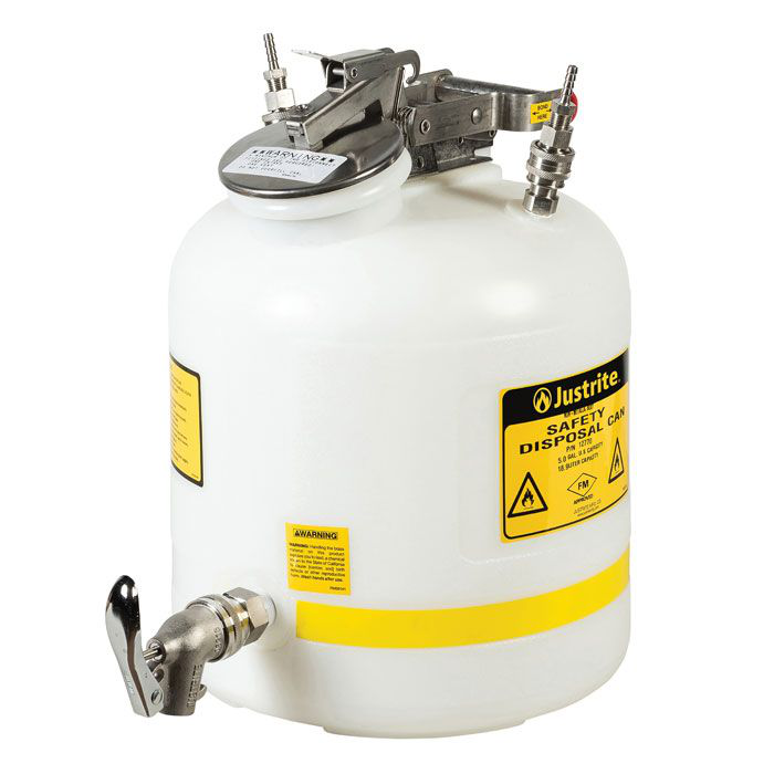 5 Gallon, Polypropylene Quick-Disconnect Disposal Safety Can with Faucet, Stainless Steel Fittings for 1/4" Tubing, White - 12770