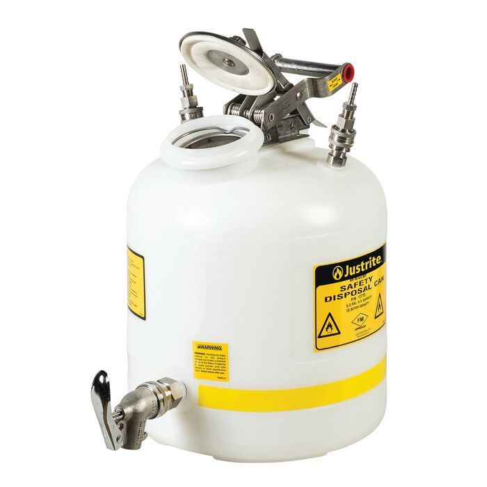 5 Gallon, Polypropylene Quick-Disconnect Disposal Safety Can with Faucet, Stainless Steel Fittings for 1/4" Tubing, White - 12770