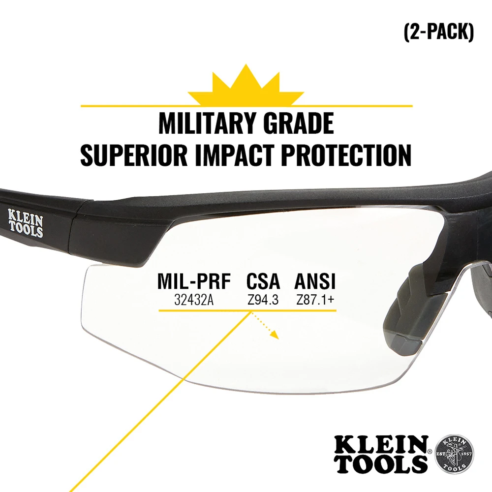 Klein Standard Safety Glasses, Clear Lens, 2-Pack