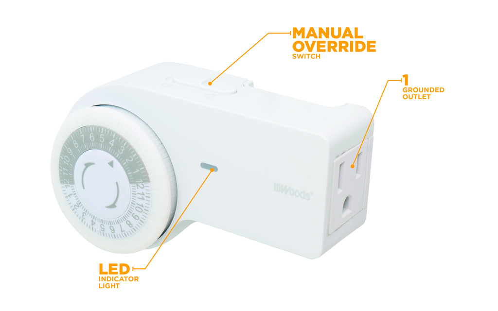 Woods TIMER, INDOOR HEAVY DUTY MECHANICAL, 1 GROUNDED OUTLET, OFF-CENTER DESIGN 6/BX