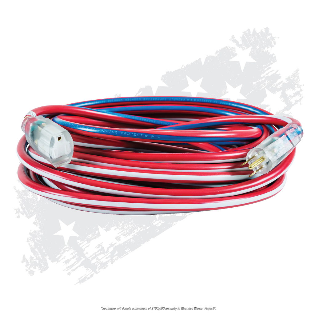Southwire 100ft 12/3 SJTW Stripes & Cool Colors® Outdoor Extension Cord  (Red,Wht,Blue) 4/BX