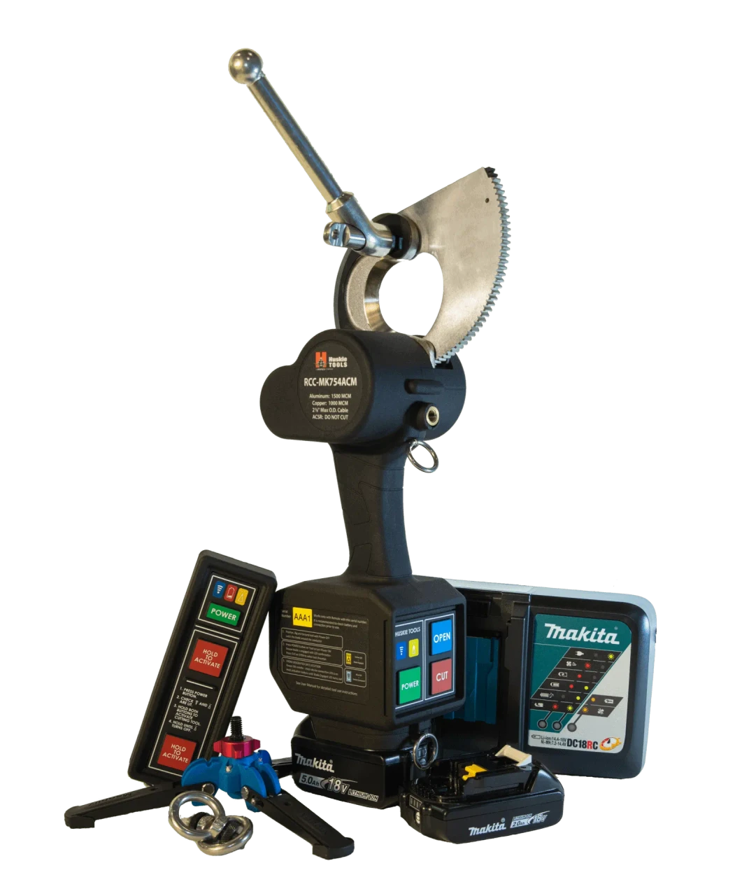 HUSKIE GEAR DRIVE REMOTE CONTROL CABLE CUTTER KIT, 18V MAKITA LI-ION BATTERIES 1) 2.0AH and 1) 5.0AH, AC CHARGER