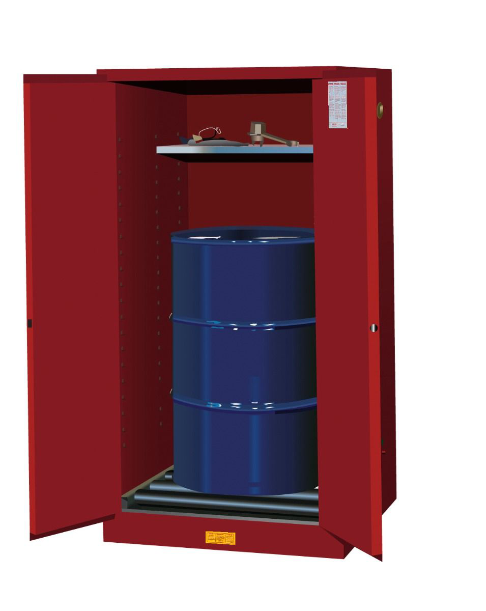 55 Gallon, 1 Drum Vertical, 1 Shelf, 2 Doors, Self-Close, Flammable Cabinet w/ Drum Rollers, Sure-Grip® EX, Red - 896271