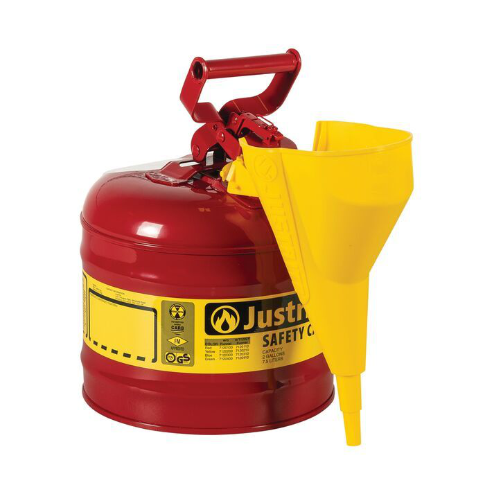 2 Gallon Steel Safety Can for Flammables, Type I, Funnel, Flame Arrester, Red - 7120110