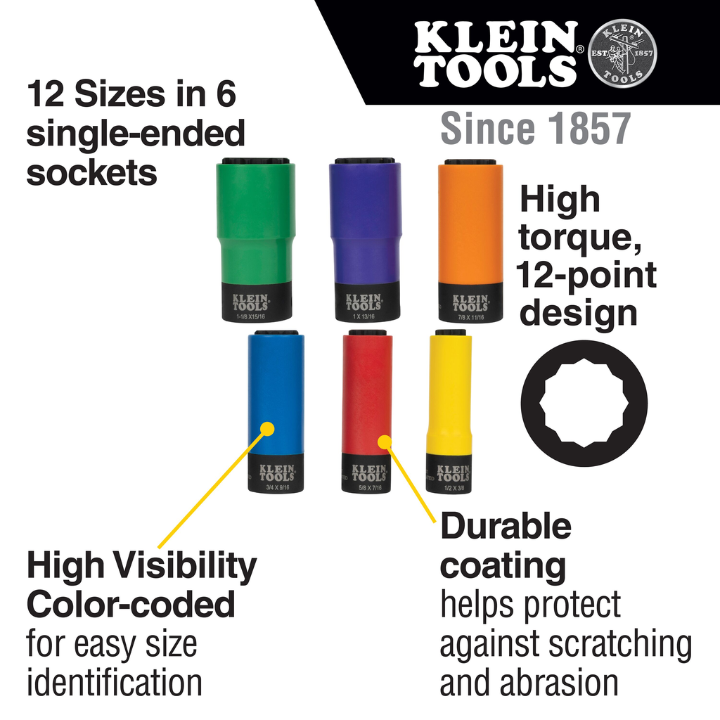 Coated Socket Set, 12-Point, 6-Piece