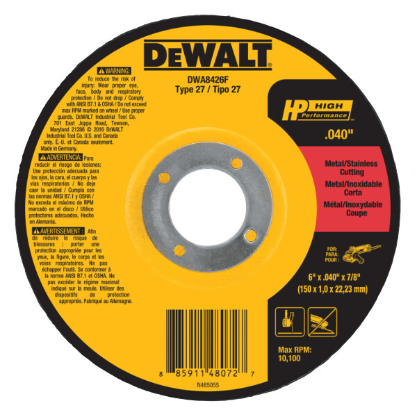 DEWALT 4" x .045" x 5/8" Type 27 Metal and Stainless Cutting Wheel HP  (P/N DWA8426F)