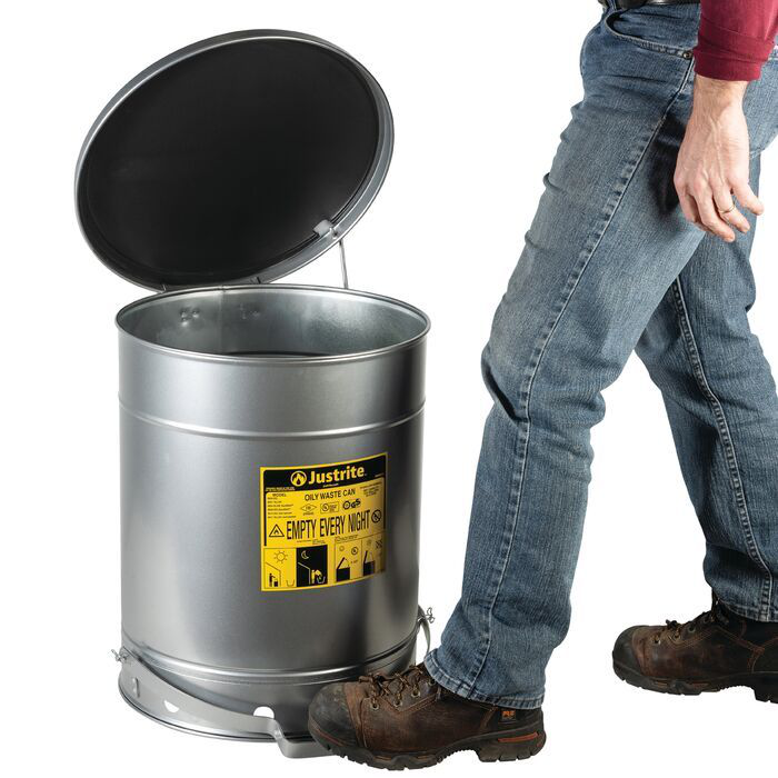 14 Gallon, Oily Waste Can, Hands-Free, Self-Closing Cover, SoundGard™, Silver - 09504