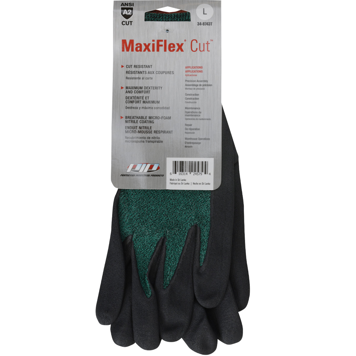 MaxiFlex® Cut™ 34-8743T  Cut Resistant Gloves, Size L, Green, ANSI A2