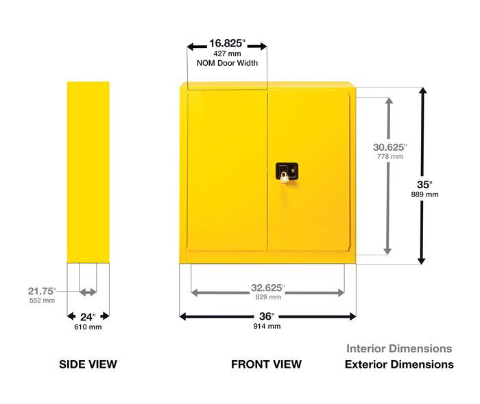 30 Gallon, 1 Shelf, 2 Doors, Manual Close, 35"H Flammable Cabinet, Sure-Grip® EX, Yellow - 893300