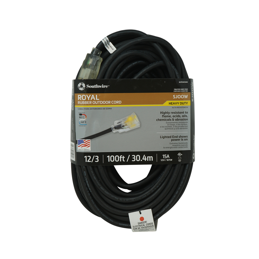 Southwire 100ft 12/3 SJOOW Royal® SJOOW  Extension Cord (Black) 4/BX
