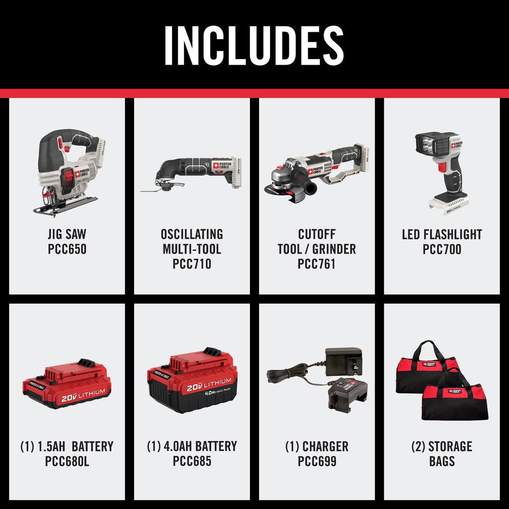 PORTER CABLE 20V MAX LITH ION 8 TOOL KIT