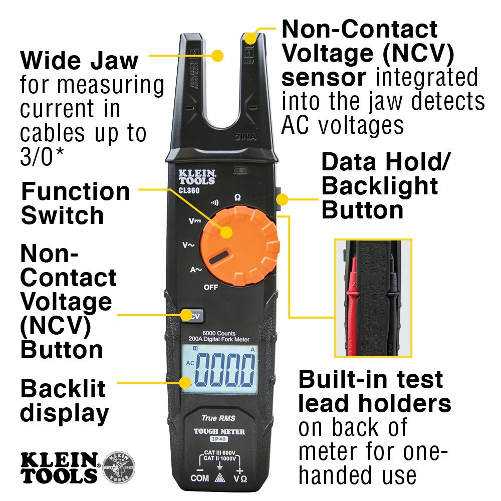 Klein Electrical Tester, Open Jaw Fork Meter, AC Auto-Ranging, 200 Amp