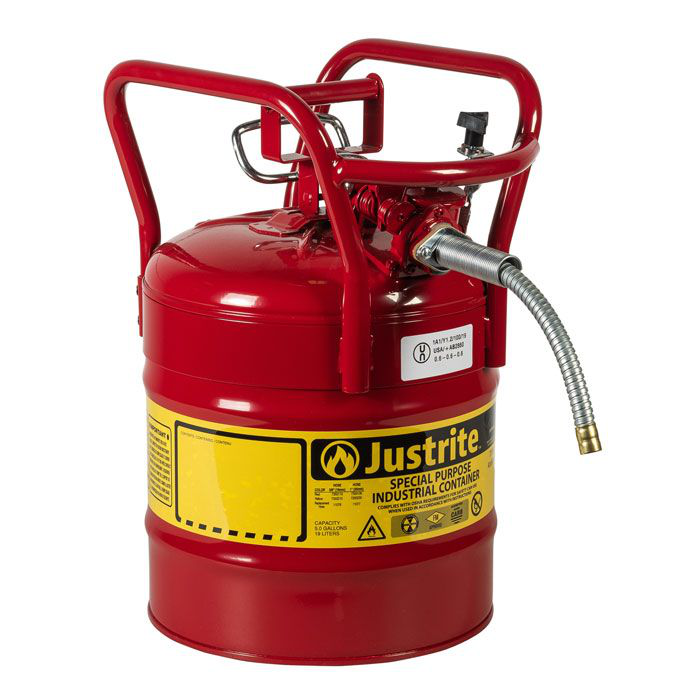 5 Gallon, 5/8" Metal Hose, Roll Bars, DOT Transport Steel Safety Can for Flammables, Type II, Accuflow™, Red - 7350110