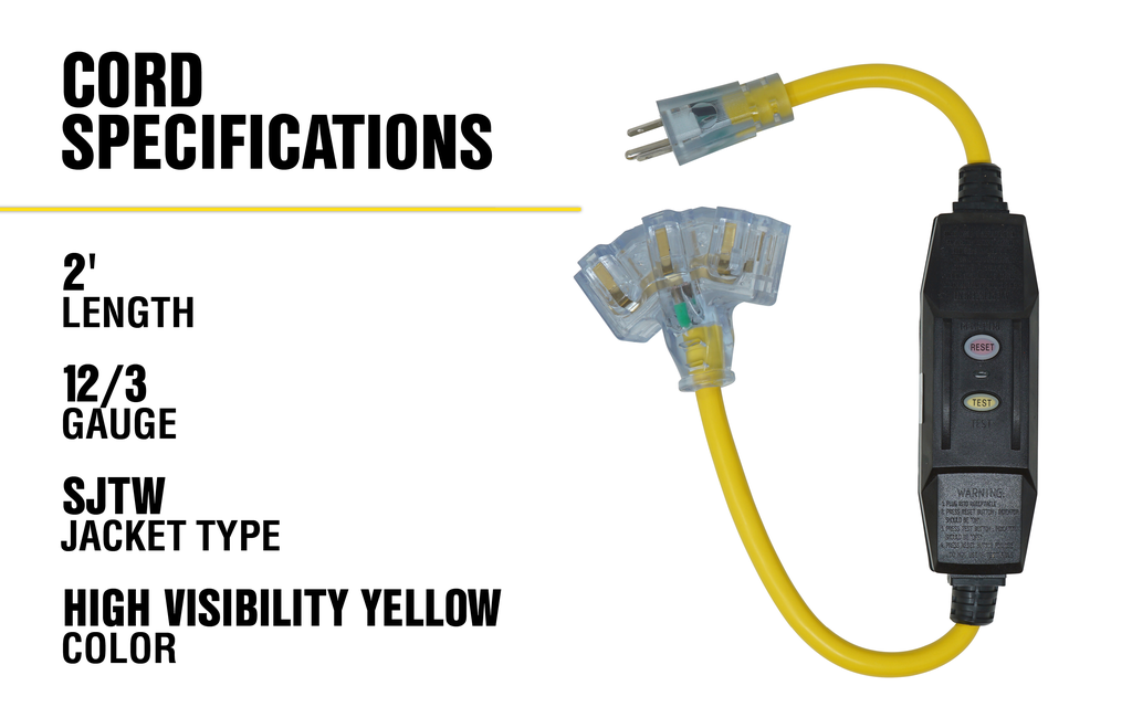 Southwire 2ft 12/3 Yellow Jacket Brand Right Angle 15A GFCI NEMA 5-15 LIT Tri-Source 6/BX