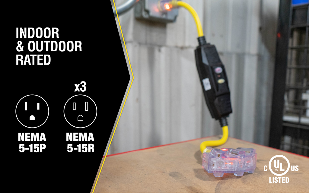 Southwire 2ft 12/3 Yellow Jacket Brand Right Angle 15A GFCI NEMA 5-15 LIT Tri-Source 6/BX