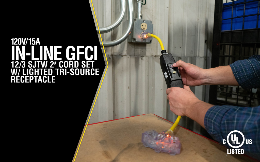 Southwire 2ft 12/3 Yellow Jacket Brand Right Angle 15A GFCI NEMA 5-15 LIT Tri-Source 6/BX