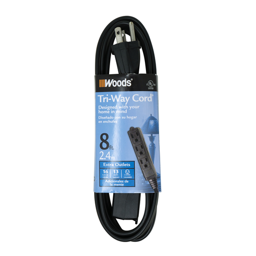 Woods CORD SET, 16/3 8' SPT-2 BLACK 3 OUTLET 10/BX
