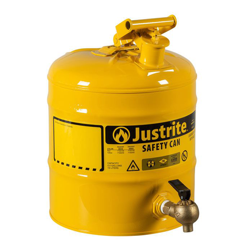 5 Gallon Steel Safety Can for Laboratories, Type I, Bottom Brass Flow-Control Faucet, Yellow - 7150240