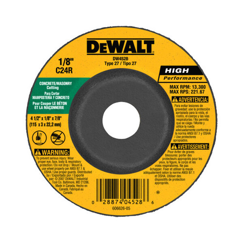 DEWALT 4-1/2" Cut Off Wheel, Concrete/Masonry, 4-1/2" X 1/8" X 7/8"