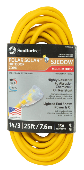 Southwire 25ft 14/3 SJEOOW Polar/Solar® Standard Extension Cord (Yellow) 12/BX