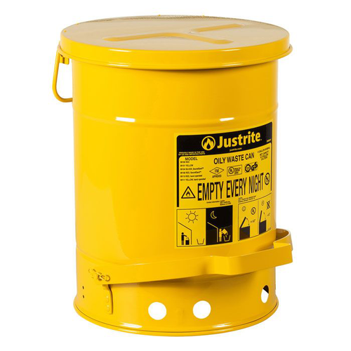 6 Gallon, Steel Oily Waste Can, Hands-Free Self-Closing Cover, Yellow - 09101