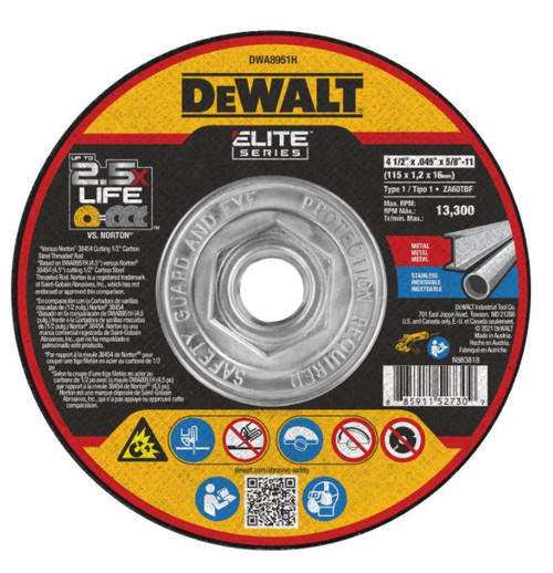 DEWALT ELITE SERIES 4-1/2 In x .045 in Ceramic Abrasive Chop / Cut-Off Blade with 5/8 in Arbor For Stainless & Mild Steel Cutting (1 Pack)
