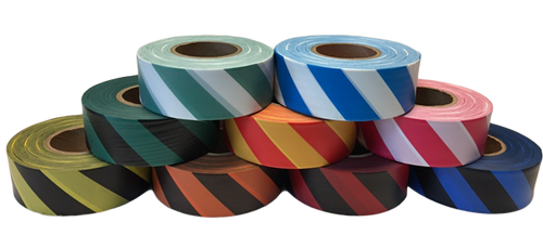 Electro-Tape 1 3/16" (30 mm) x 300 ft Flagging Tape -Striped (Non-Glow) PVC - Blue/White 12/CS