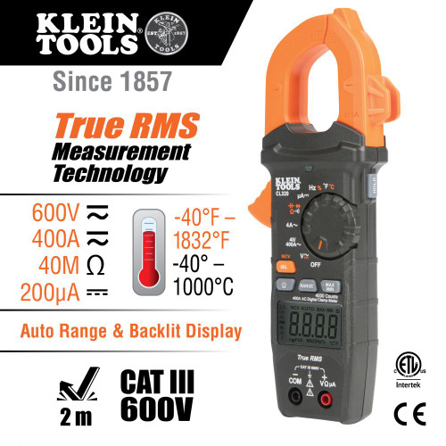 Klein HVAC Digital Clamp Meter, AC Auto-Ranging 400 Amp