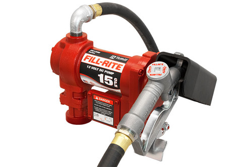 Fill-Rite Fuel Pump 15GPM 12VDC - Includes 3/4" Manual Nozzle, 3/4" x 12' Hose, Battery Cable, Suction Pipe