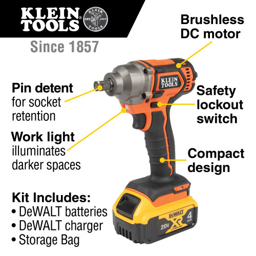 Klein Battery-Operated Compact Impact Wrench, 1/2-Inch Detent Pin, Full Kit