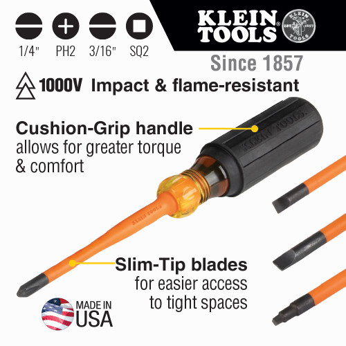 Klein Slim-Tip Insulated Screwdriver Set, Phillips, Cabinet, Square, 4-Piece