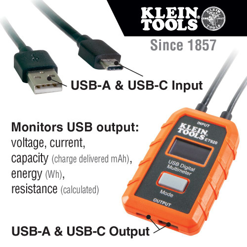 Klein USB Digital Meter, USB-A and USB-C
