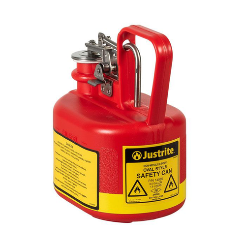 0.5 Gallon Plastic Safety Can for Flammables, Oval, Stainless Steel Hardware, Flame Arrester, Red - 14065
