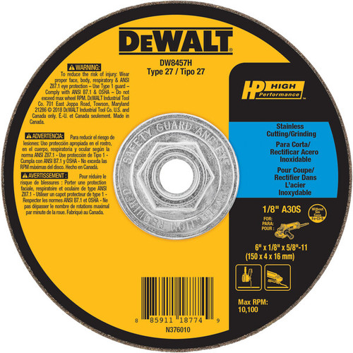 DEWALT T27 Stainless Steel Cutting/Grinding Wheel, 5/8-11 Arbor, 6-Inch By 1/8-Inch