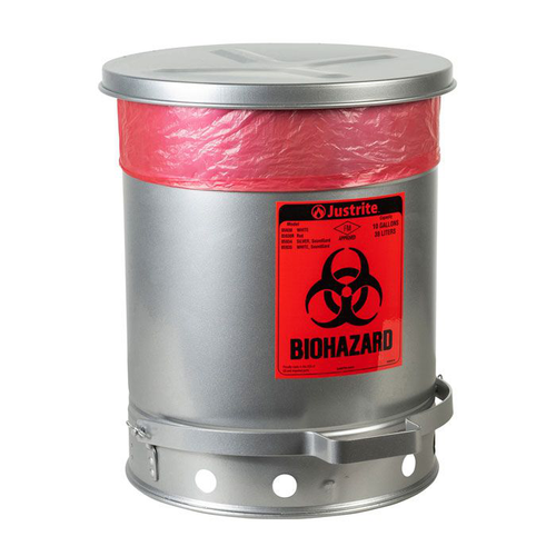10 Gallon Steel Biohazard Waste Can, Foot-operated, Self-closing, SoundGard™ Cover, Silver - 05934