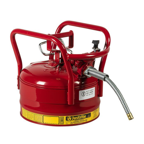 2.5 Gallon, 5/8" Metal Hose, Roll Bars, DOT Transport Steel Safety Can for Flammables, Type II, Accuflow™, Red - 7325120