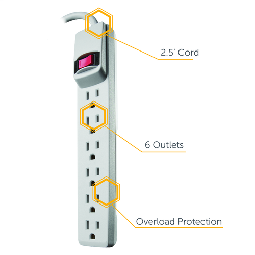Woods POWERSTRIP, 2-PACK, 6 OUTLET 2.5' CORDS 6/BX