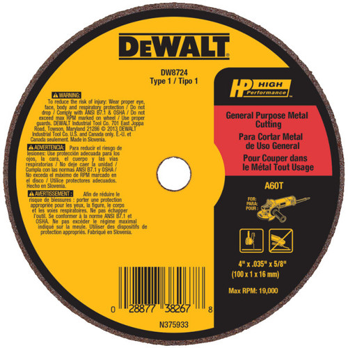 DEWALT 2-1/2" x .035" x 1/4" A36T Metal & Stainless Cutting & Grinding Wheel  (P/N DW8724)