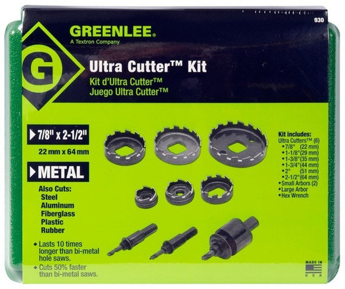 GREENLEE 7/8" to 2-1/2" Cutters, Two Small Arbors, Large Arbor, Hex Wrench and Case