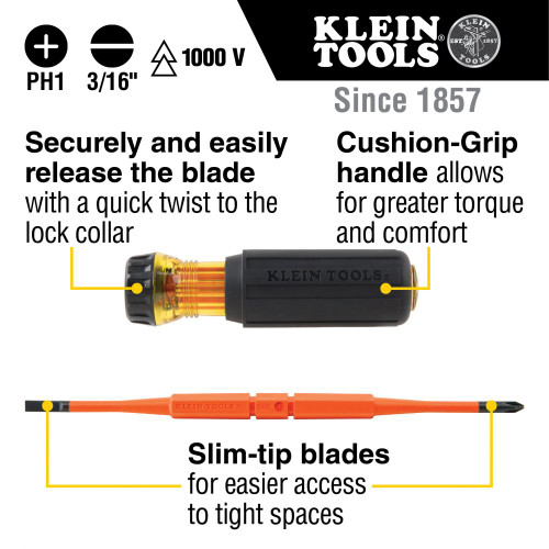 Klein Flip-Blade Insulated Screwdriver, 2-in1, Ph Bit #1, Sl Bit 3/16-Inch