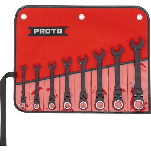 PROTO 8 Piece Black Chrome Combination Locking Flex-Head Ratcheting Wrench Set - Spline