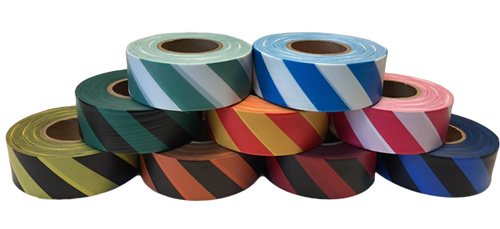Electro-Tape 1 3/16" (30 mm) x 300 ft Flagging Tape -Striped (Non-Glow) PVC - Red/Black 12/CS