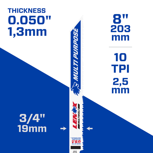 LENOX 20580-810R 8" 10TPi Wood and Metal Cutting Reciprocating Saw Blade - 5 Pack