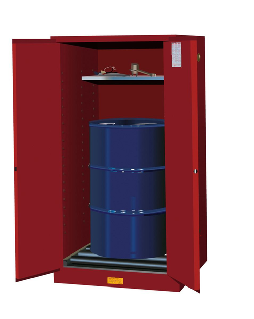 55 Gallon, 1 Drum Vertical, 1 Shelf, 2 Doors, Self-Close, Flammable Cabinet w/ Drum Rollers, Sure-Grip® EX, Red - 896271