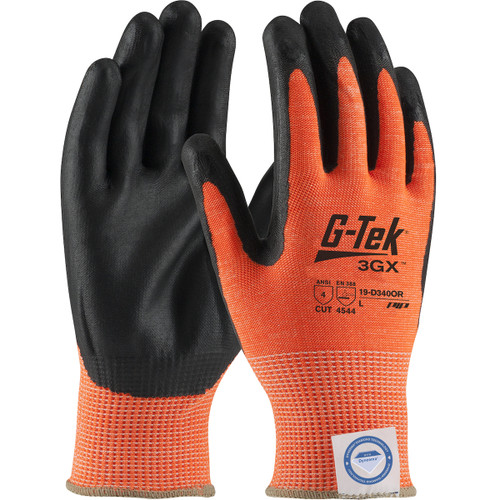 G-Tek® 3GX® 19-D340OR  Cut Resistant Gloves, Size L, Hi-Vis Orange, ANSI A4